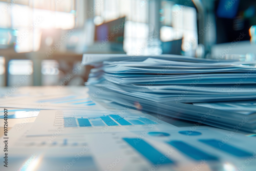 Collection of business analytics charts and graphs stacked on each other on paper on desk in office Collection of business analytics charts and graphs stacked on each other on paper on desk in office