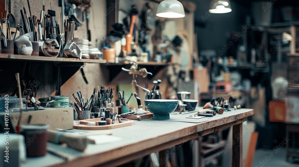 Artisan workshop with various tools and materials on a workbench Artisan workshop with various tools and materials on a workbench