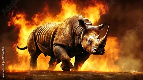 A powerful rhino charges through a wall of flames, its eyes fixed on the target ahead