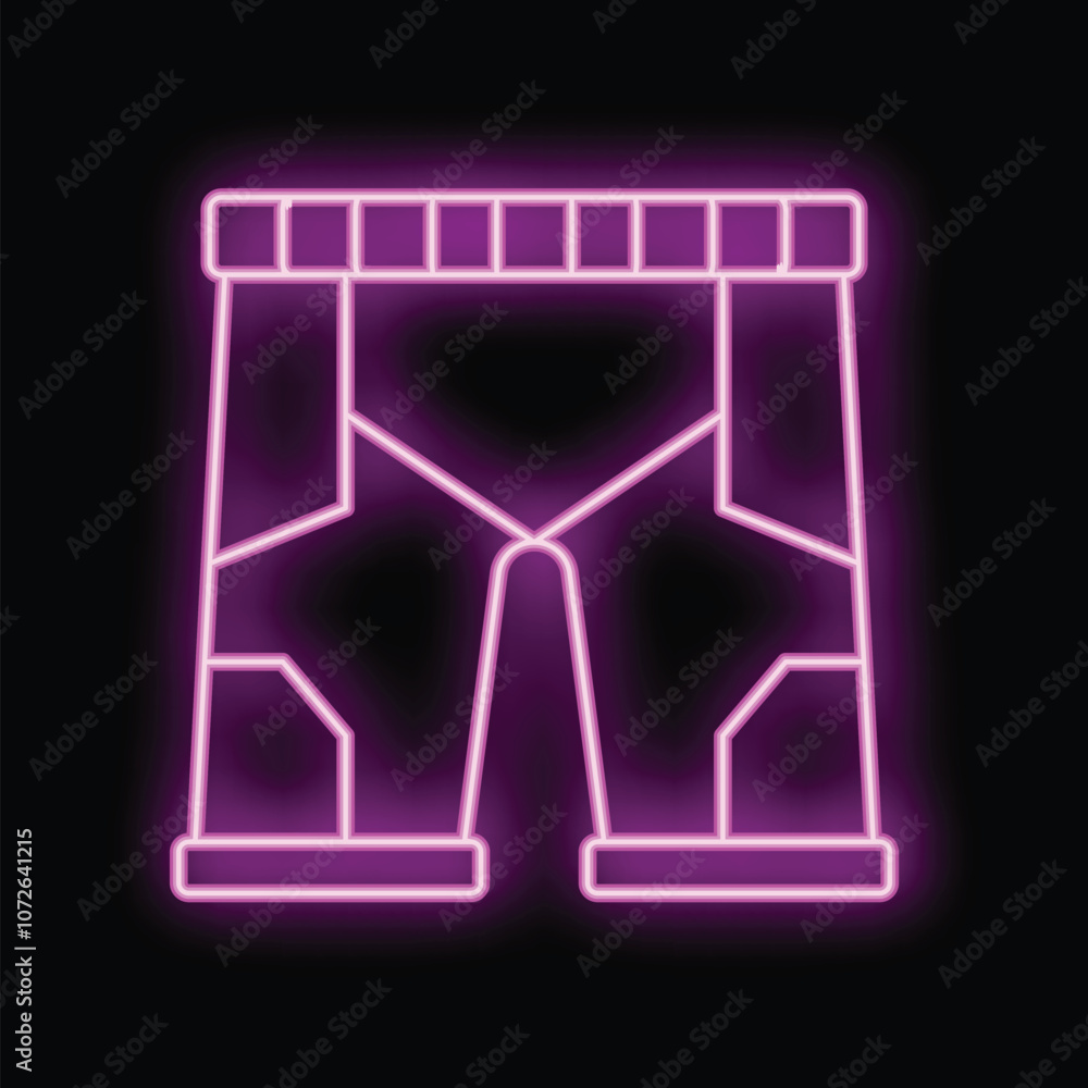 Bright purple neon icon of protective shorts glowing on dark background Bright purple neon icon of protective shorts glowing on dark background