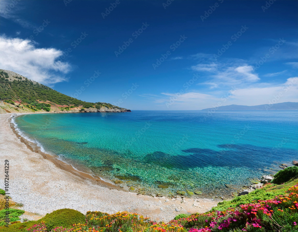 A stunning curved beach with crystal-clear turquoise waters meets rugged coastal cliffs under a bright blue sky in Aegean, Turkey