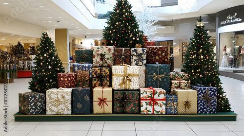 A festive corner in a mall dedicated to beautiful gift wrap displays.