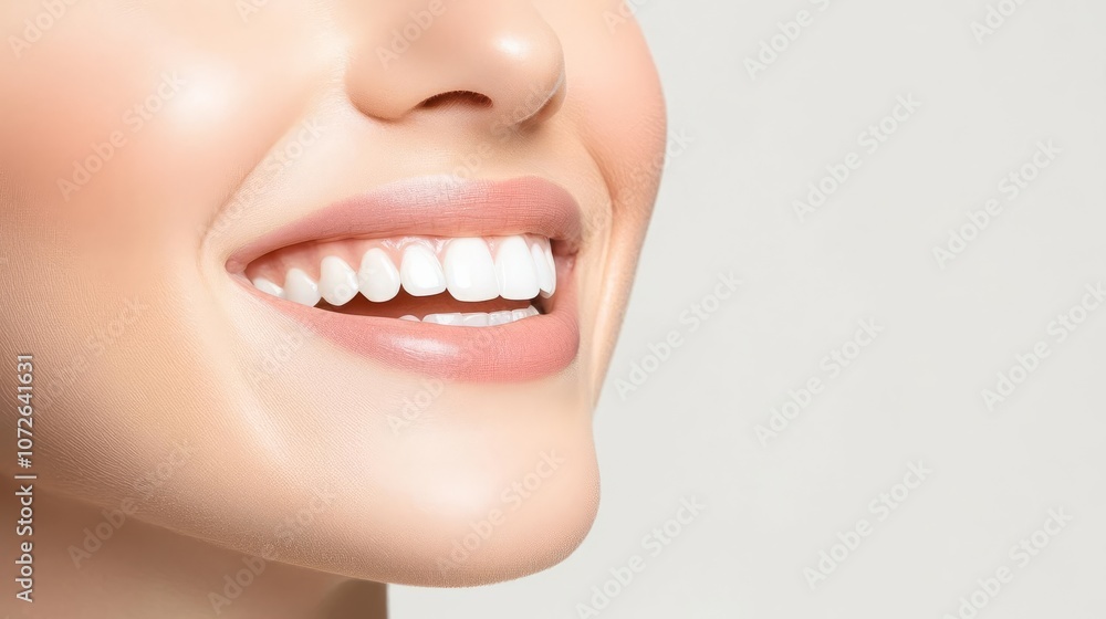 Obraz premium Close-up of a smiling mouth with bright white teeth and smooth skin.