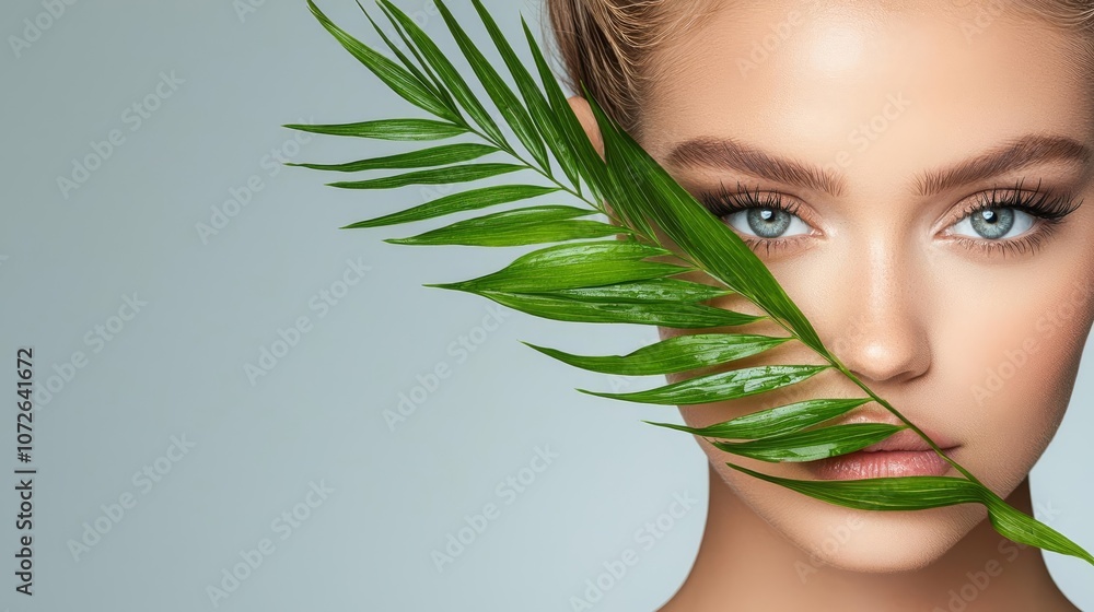 Naklejka premium Beautiful woman with green leaves covering her face, serene expression, soft lighting.