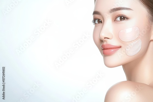 Woman with skincare patches on cheeks against white background photo