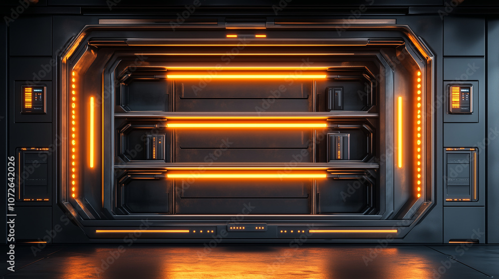 Obraz premium Futuristic Sci-Fi Doorway with Illuminated Panels Futuristic metal doorway with glowing orange lights and sleek industrial design, perfect for sci-fi environments