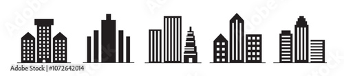 Vector Simple City Silhouette Icon Set In Outline Style