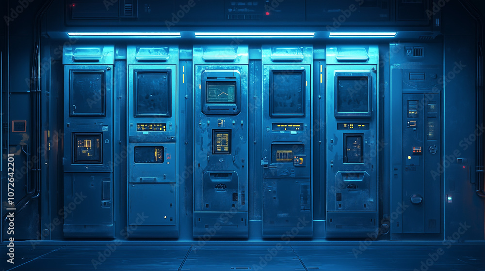 Futuristic sci-fi server room with blue neon lights, high-tech control panels, and cyberpunk aesthetics Futuristic sci-fi server room with blue neon lights, high-tech control panels, and cyberpunk aesthetics