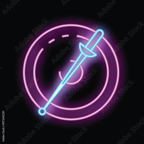 Neon sign of a fencing epee sword striking the center of a target on a black background
