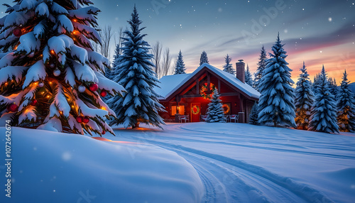 Cozy Christmas Cabin in Snowy Forest – Watercolor Winter Wonderland