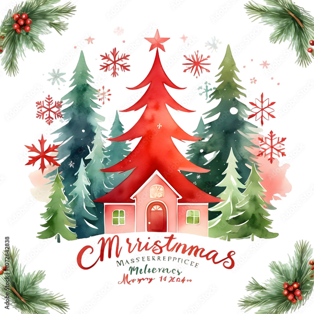 Fototapeta premium Hand-drawn Merry Christmas Trees with Snowflakes, Festive Holiday Design