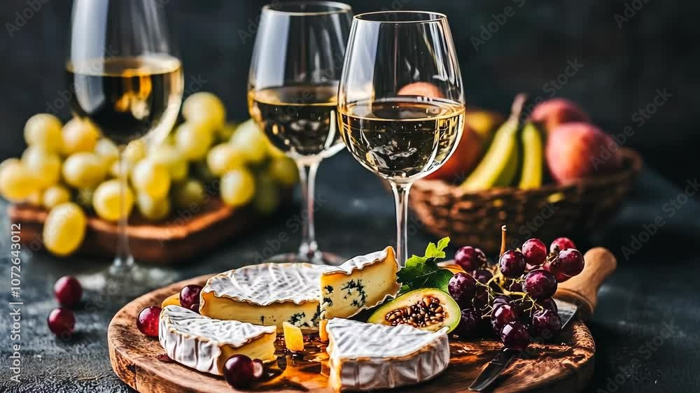 A cheese and wine pairing featuring a wheel of brie, red and green grapes, and a glass of white wine on a wooden cutting board A cheese and wine pairing featuring a wheel of brie, red and green grapes, and a glass of white wine on a wooden cutting board