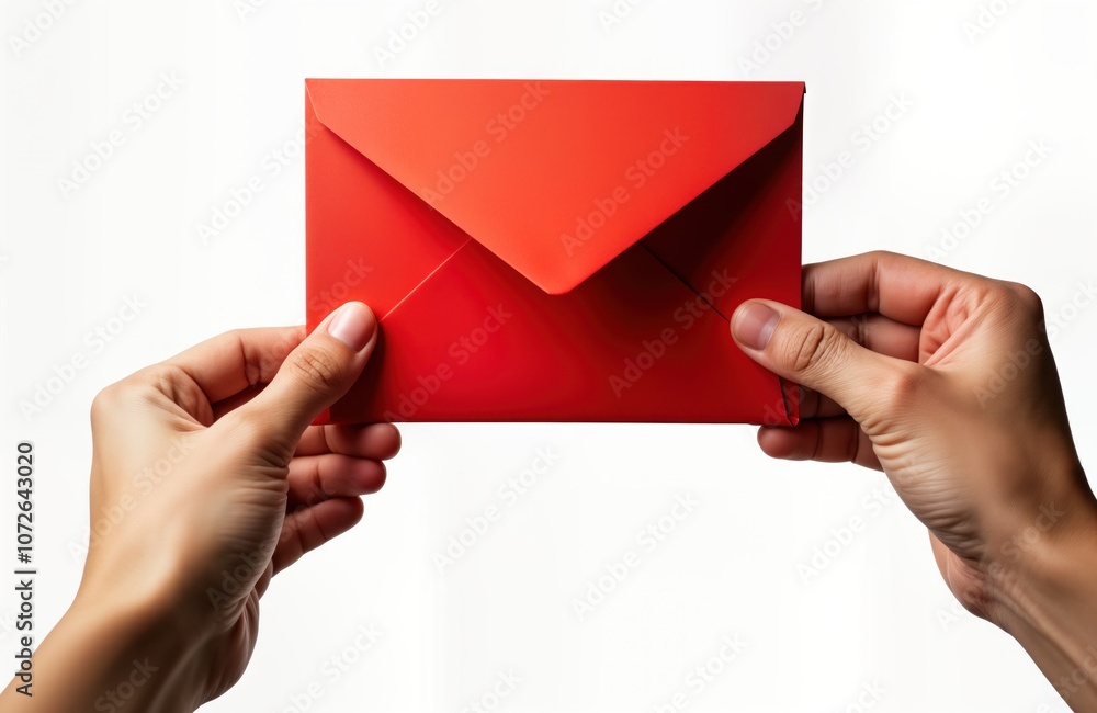 Hand holds red envelope. Person giving money gift for Chinese New Year. Red paper packet for celebration. Holiday tradition. Chinese culture. Luck, prosperity. Isolated on white background. Simple Hand holds red envelope. Person giving money gift for Chinese New Year. Red paper packet for celebration. Holiday tradition. Chinese culture. Luck, prosperity. Isolated on white background. Simple