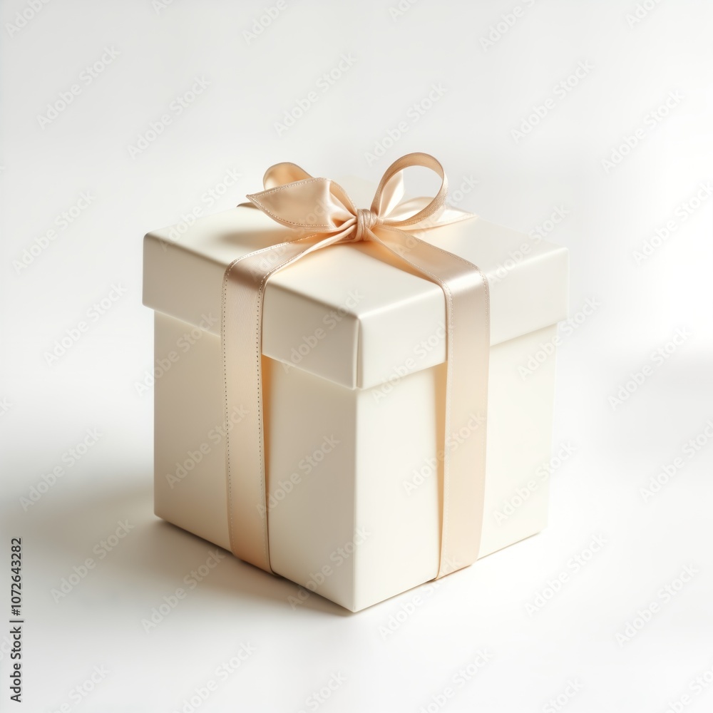 Obraz premium White gift box with golden ribbon bow. Elegant present for holiday or celebration. Square package on white background. Perfect for gift wrapping design.