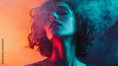 Woman surrounded by colorful smoke in dramatic lighting