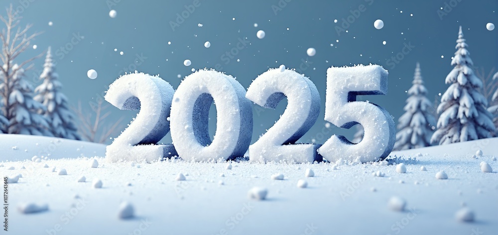 Snowy landscape featuring large numbers 2025, surrounded by trees, creating a festive winter atmosphere during the new year celebration. New Year Snowy landscape featuring large numbers 2025, surrounded by trees, creating a festive winter atmosphere during the new year celebration. New Year
