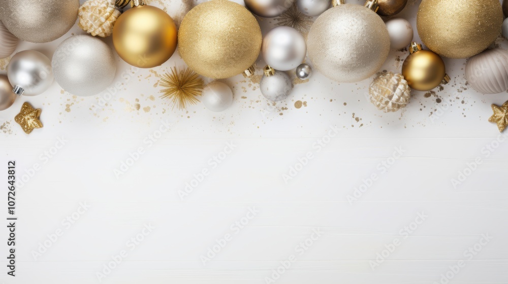 Christmas Decoration with Gold and Silver Baubles, White Background Christmas Decoration with Gold and Silver Baubles, White Background