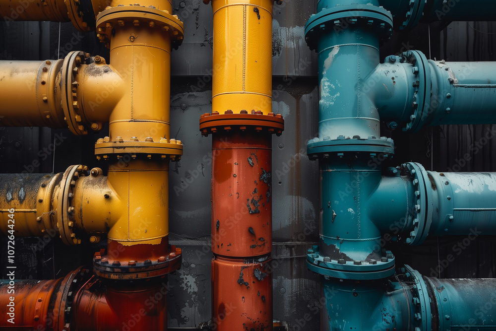 Vibrant industrial pipes with rust, closeup on the orderly arrangement of pipes for water drainage Vibrant industrial pipes with rust, closeup on the orderly arrangement of pipes for water drainage