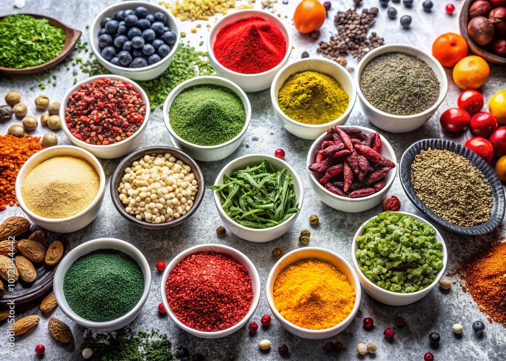 Assortment of Vibrant Superfoods on White Background: Goji Berries, Chlorella, Young Barley Powder, Dulse Seaweed, Maca, Chia Seeds, Turmeric, Himalayan Sea Salt, Hemp Seeds Assortment of Vibrant Superfoods on White Background: Goji Berries, Chlorella, Young Barley Powder, Dulse Seaweed, Maca, Chia Seeds, Turmeric, Himalayan Sea Salt, Hemp Seeds