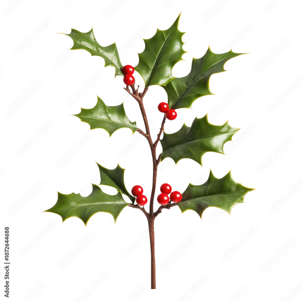 Single green holly sprig with red berries on alpha layer. Winter plant with spiked leaves. Traditional festive decoration for Christmas holidays. Holly twig with red berries. Evergreen, nature, Png. Single green holly sprig with red berries on alpha layer. Winter plant with spiked leaves. Traditional festive decoration for Christmas holidays. Holly twig with red berries. Evergreen, nature, Png.