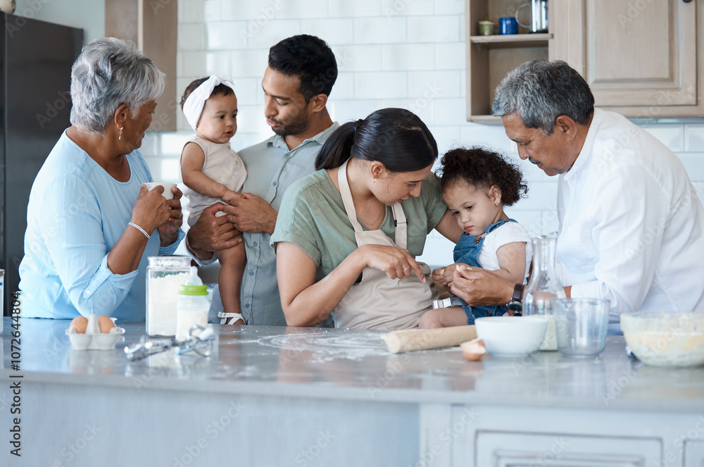 Generations, family and baking with kids in home kitchen, teaching or baby play with dad for love. Grandma, grandfather and parents cooking with children, help and toddler learning with cookie cutter Generations, family and baking with kids in home kitchen, teaching or baby play with dad for love. Grandma, grandfather and parents cooking with children, help and toddler learning with cookie cutter