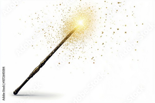 Realistic Magic wand with golden glowing shiny trail on white background. Fantasy wizard spell stick with glow wave trace. Fairytale magician rod with twinkle streak.