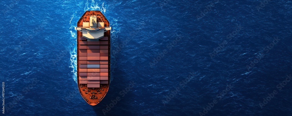 A vivid overhead view of a large cargo ship navigating through deep blue waters, showcasing its containers and distinct design. A vivid overhead view of a large cargo ship navigating through deep blue waters, showcasing its containers and distinct design.