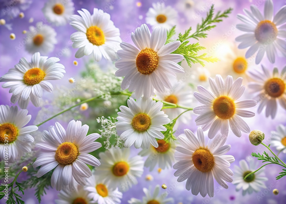 A Stunning Long Exposure Image of a Vibrant Floral Pattern with White Daisies and Delicate Green Leaves Against a Soft Lavender Background for Nature and Decor Enthusiasts A Stunning Long Exposure Image of a Vibrant Floral Pattern with White Daisies and Delicate Green Leaves Against a Soft Lavender Background for Nature and Decor Enthusiasts