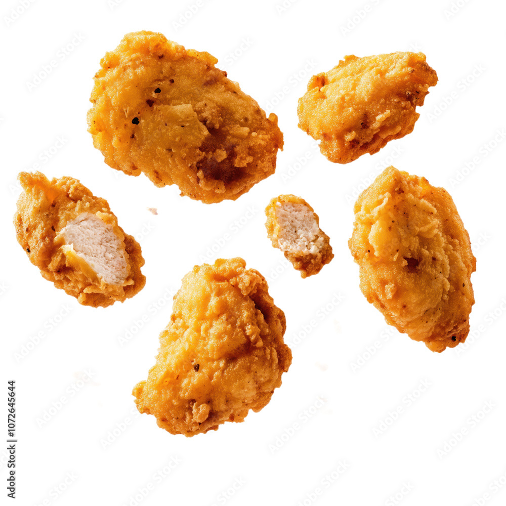 Crispy golden chicken nuggets float in air isolated on isolated background. One nugget broken, revealing juicy meat inside. Fried food, junk food, fast food, meal, snack. Appetizing, delicious, tasty, Crispy golden chicken nuggets float in air isolated on isolated background. One nugget broken, revealing juicy meat inside. Fried food, junk food, fast food, meal, snack. Appetizing, delicious, tasty,