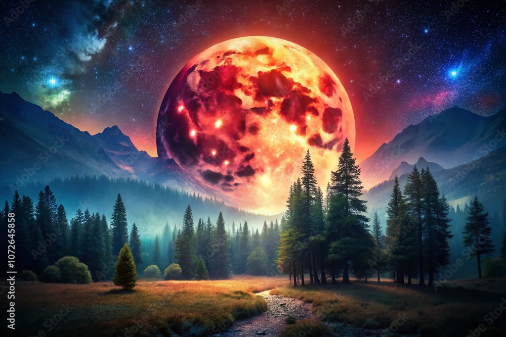 A Surreal Red Moon Illuminates a Mystical Landscape with Enchanted Forest, Dreamlike Mountains, and Ethereal Glow Under a Starry Sky at Dusk A Surreal Red Moon Illuminates a Mystical Landscape with Enchanted Forest, Dreamlike Mountains, and Ethereal Glow Under a Starry Sky at Dusk