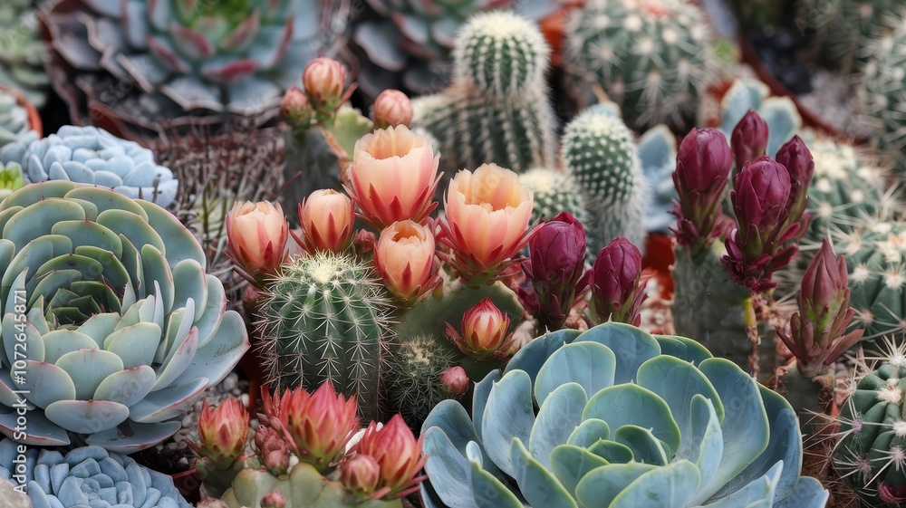 Organized variety of cacti in a close-up view Organized variety of cacti in a close-up view