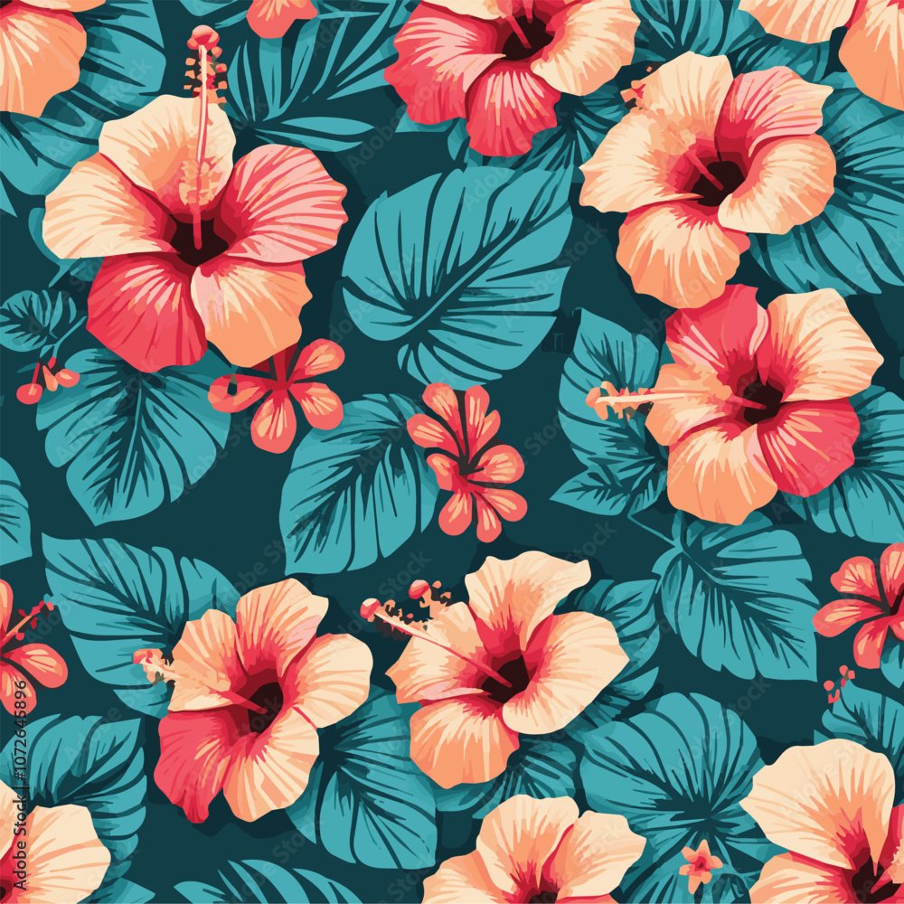 Beautiful seamless vector floral pattern, spring summer background with tropical flowers, palm leaves of paradise flower. Seamless hand drawn tropical vector pattern with bright hibiscus flowers. Beautiful seamless vector floral pattern, spring summer background with tropical flowers, palm leaves of paradise flower. Seamless hand drawn tropical vector pattern with bright hibiscus flowers.