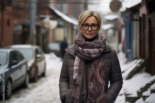 A woman wearing a scarf and glasses stands in front of a row of parked cars