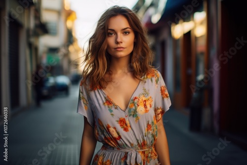 A woman in a floral dress is walking down a street