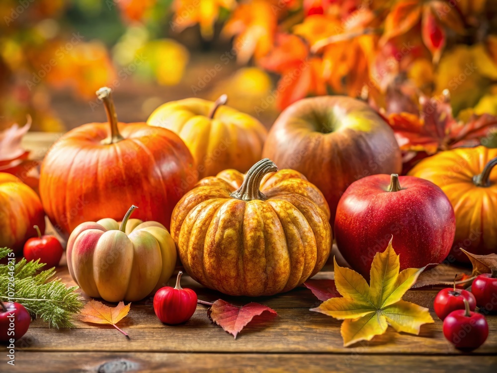 Autumnal Tabletop Scene with Vibrant Pumpkins, Fresh Apples, and Colorful Leaves Capturing the Essence of Fall in a Cozy and Inviting Setting Perfect for Seasonal Decor Autumnal Tabletop Scene with Vibrant Pumpkins, Fresh Apples, and Colorful Leaves Capturing the Essence of Fall in a Cozy and Inviting Setting Perfect for Seasonal Decor