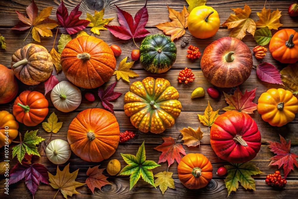 Fototapeta premium Autumn's Vibrant Tapestry: Pumpkins and Colorful Leaves on Rustic Wooden Backdrop Capturing the Essence of Fall in a Panoramic View