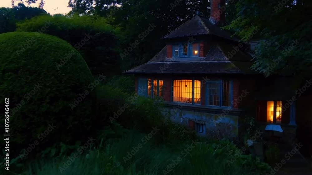 small, charming house with warm, inviting lights glowing in the twilight, surrounded by lush greenery, creating a cozy and peaceful atmosphere in the serene evening setting. small, charming house with warm, inviting lights glowing in the twilight, surrounded by lush greenery, creating a cozy and peaceful atmosphere in the serene evening setting.