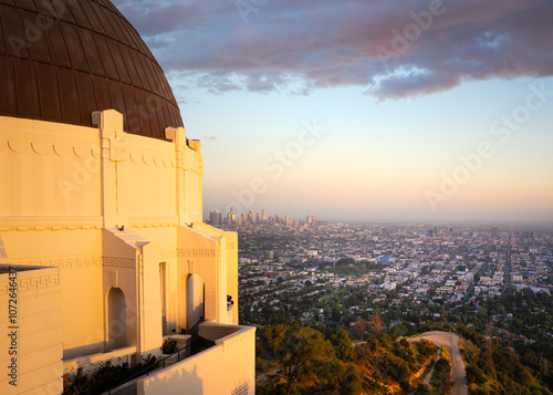 View of Downton Los Angeles, California from Griffith Observatory at dusk.  photo