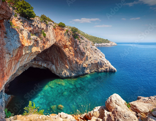 Aerial view of natural sea cave carved into dramatic limestone cliffs, with crystal-clear turquoise waters meeting deep blue Mediterranean Sea photo