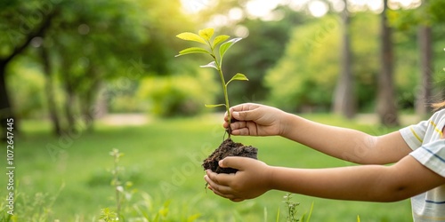 Mano infantil sostiene una pequeña planta en crecimiento sobre un fondo verde, representando un concepto de ecología y conciencia ambiental en el Día de la Tierra. photo