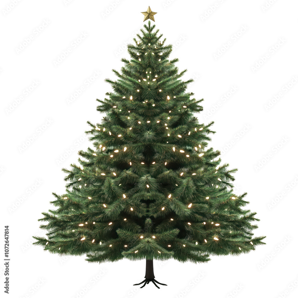 Fototapeta premium Classic Christmas tree decorated with garland lights, golden star on top. Festive decor for Xmas, New Year celebrations. Design element for cards, invitations, flyers, web, print, social media. Png.