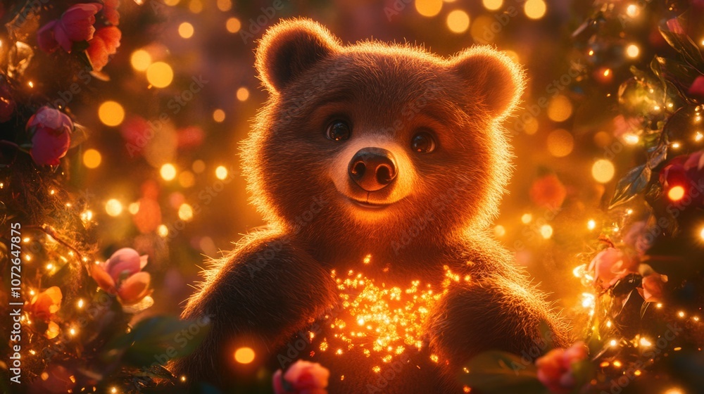 Finnish bear surrounded by sparkling lights and flowers in a magical setting Finnish bear surrounded by sparkling lights and flowers in a magical setting