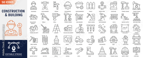 Construction and Building Editable Stroke Line Icon set. Containing building, construction, design, engineering, equipment, industry, development . Vector Illustration