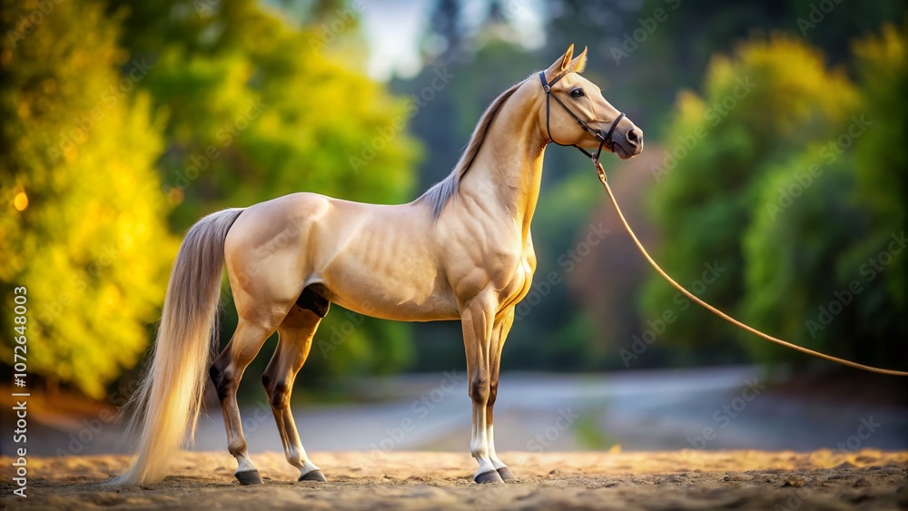 Obraz premium Beautiful Akhalteke Horse on a Cord Captured with Tilt-Shift Photography, Showcasing Its Elegant Form Against a Soft Focused Background in a Serene Outdoor Setting