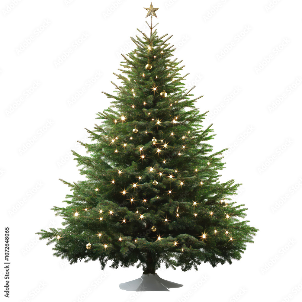 Christmas tree decorated with golden baubles, lights. Star on top, tree isolated on isolated background. Traditional Christmas tree ornament perfect for holiday card design. Ideal for creating festive Christmas tree decorated with golden baubles, lights. Star on top, tree isolated on isolated background. Traditional Christmas tree ornament perfect for holiday card design. Ideal for creating festive