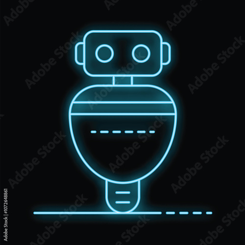 Blue neon icon of a robot glowing on a dark background