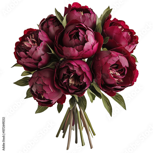 Fototapeta Naklejka Na Ścianę i Meble -  Rich burgundy peonies in lush bouquet. Flowers are arranged in classic style, perfect for gifting. Isolated on isolated background, bouquet is elegant addition to any celebration or special occasion.