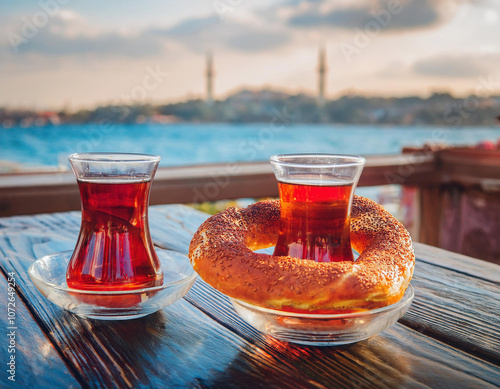 Two glasses of Turkish tea with bagel on the background of Istanbul Bosphorus, Turkey. photo