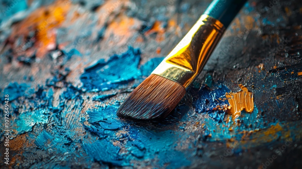 Paintbrush on textured palette with vivid paint strokes Paintbrush on textured palette with vivid paint strokes