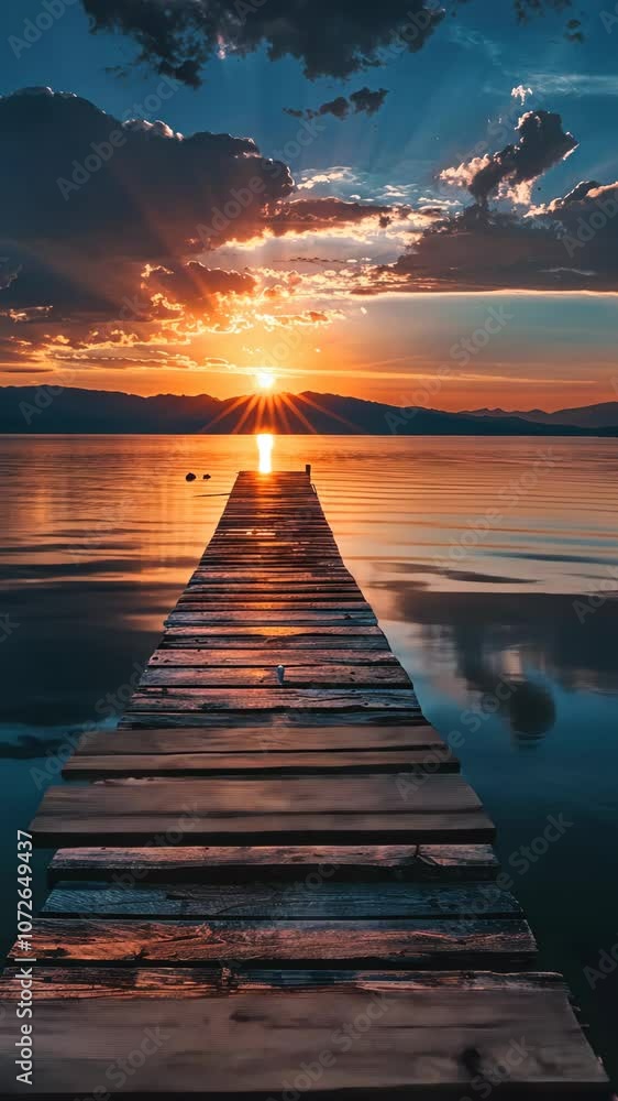 Wooden pier leading to a serene lake at sunset, tranquil beauty and nature concept Wooden pier leading to a serene lake at sunset, tranquil beauty and nature concept